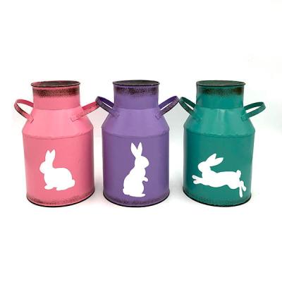 China CLASSIC Easter Metal Bucket Flower Pot Milk Can 3 Colors Rabbit for sale