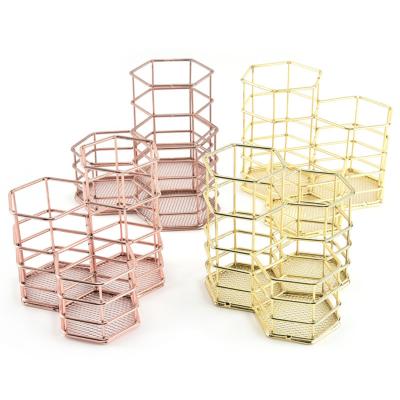 China Office Paper Iron 0.24kg Metal Office Stationery Packing Pen Holder Hexagon Hexagon Multi Function Office Stationery Storage Metal Bucket for sale