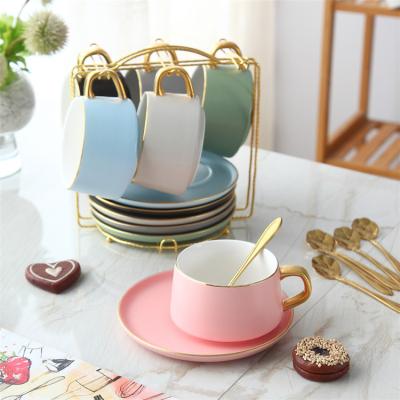 China Sustainable Restaurant Drinkware Luxury Porcelain Coffee Tea Colorful Cup And Saucer Set With Spoon for sale