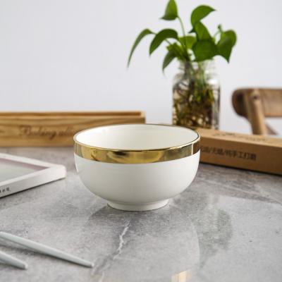 China Viable Gold Fancy Rimless Dinnerware White Ceramic Soup Rice Serving Bowl For Restaurant for sale