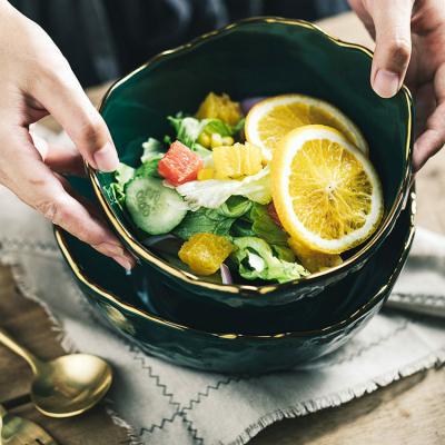 China Sustainable Irregular Design Unique Shiny Green Porcelain Salad Bowl With Gold Rim for sale