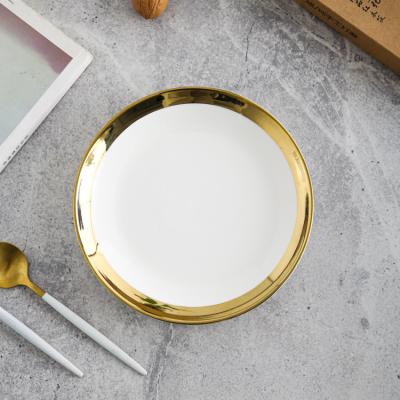 China Sustainable European Style Tableware Luxury Gold Edge Round Porcelain White Dinner Plate For Wedding for sale