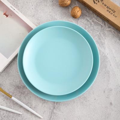 China Sustainable Hotel Tableware Round Simple Sky Blue Ceramic Dinner Plate for sale