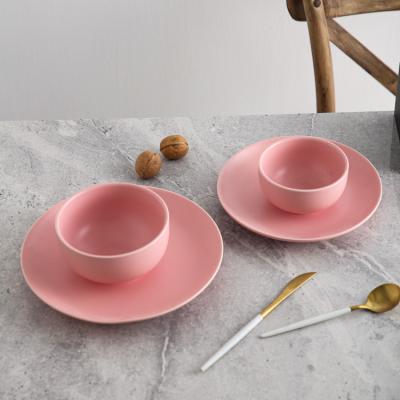 China Custom Cheap Viable Pink Bowl Dish Ceramic Logo Restaurant Tableware Restaurant Dinner Set for sale