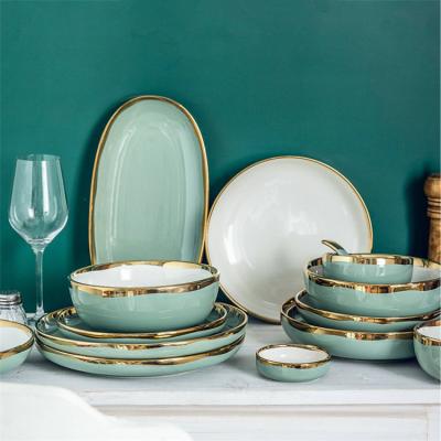 China Sustainable Restaurant Tableware Green Color Morandi Luster Wedding Porcelain Dinner Set With Gold Edge for sale