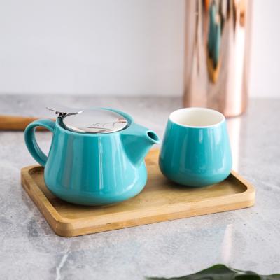 China Sustainable European style teaware sky blue porcelain coffee coffee tea set with wood tray for sale