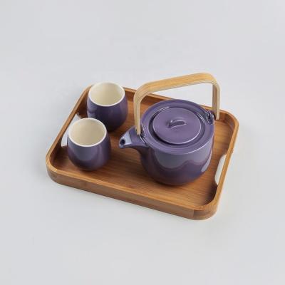 China Viable Chinese Supplier Purple Color Vintage Porcelain Tea Set With Wooden Tray / Teapot With Filter for sale