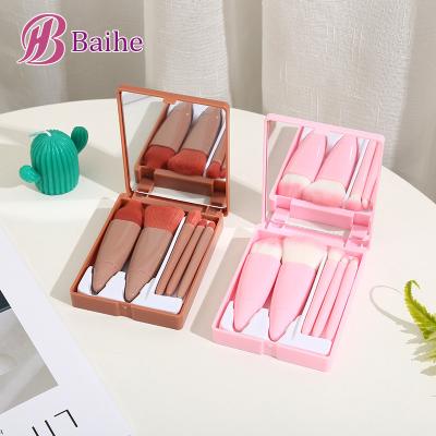 China Angular Blush 5pcs Top Selling Super Soft Vegan Mini Portable Makeup Brush Set Foundation Makeup Brushes With Make Up Mirror Kit Pink Brush for sale