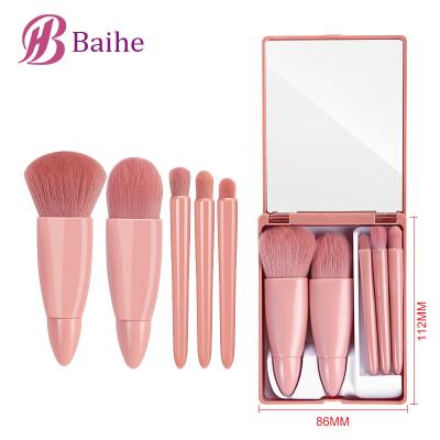 China Angular Blush Custom Logo 5pcs Mini Portable Makeup Brush Set Vegan Foundation Makeup Brushes With Make Up Mirror Kit Pink Brush for sale