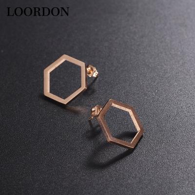 China Stainless Steel Rose Gold Hexagon Stud Earrings from LOORDON fashion mainstream jewelry for sale