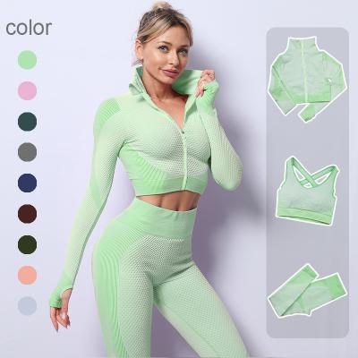 China Breathable Custom Logo Bra & Jacket & Gaiters 3 Piece Set Plus Size Butt Fitness Gym Women Yoga Sets Crac! crack! for sale