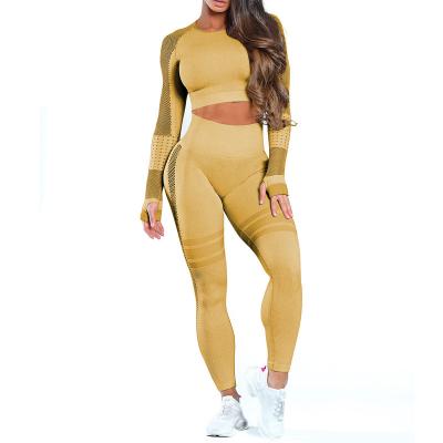 China Breathable Women's Two Pcs Long Sleeve Crop Top And Gaiters Wear Set Gym Fitness Yoga Pants Sets For Women for sale