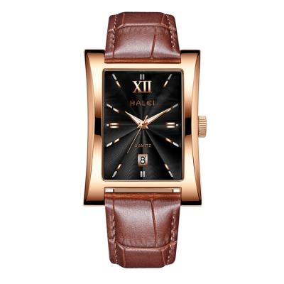 China Luxury Premium Brand Business Men's Automatic Wristwatch Date HALEI Genuine Leather Strap Men's Quartz Watches for sale