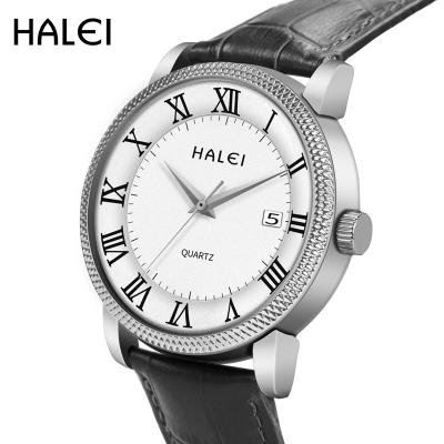 China HALEI Waterproof Formal Luxury Men Watch Nice Size Quality Genuine Leather Strap Men's Quartz Watches for sale