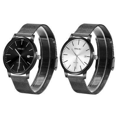 China HALEI Personalosed Unique Fashion Waterproof Unique Unisex Watch Calendar Display Steel Band Mesh Steel Band Couples Quartz Luxury Watches for sale