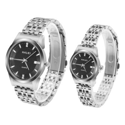 China Popular Casual HALEI Premium Watch Set Fashion Stainless Steel Couples Quartz Watches Water Resistant for sale