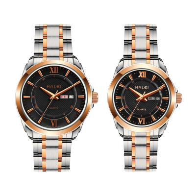 China Lover's HALEI High Quality Premium Watch Set Fashion Gradient Gold Couples Quartz Stainless Steel Luxury Watch for sale