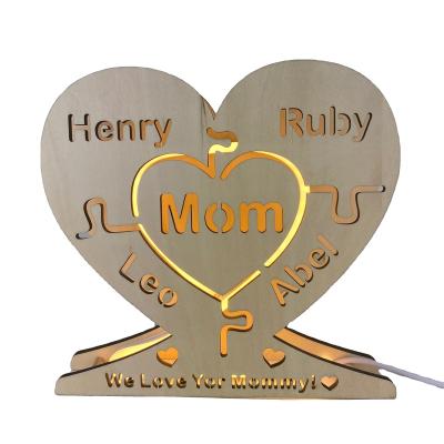 China Decorative Gifts Amazon Night Hot Sale Heart Shaped Wooden Light With Name Or Date Customizable Creative Wooden Gift For Family for sale