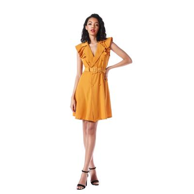 China 2020 Women Career Office Anti-Static Dress Worked Collar Sleeveless Ruffles Silk Women Mini Dress for sale