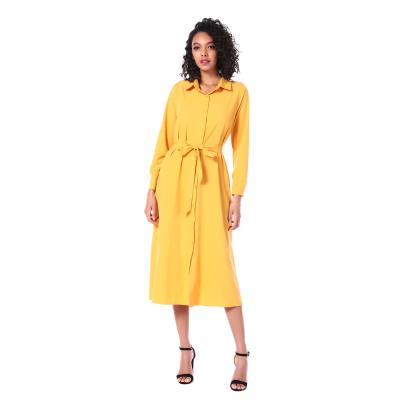 China 2020 Anti-Static Latest Design Back Pleated Dress Long Sleeve Spring Sashes Office Dress Bright Yellow Women Shirtdress for sale