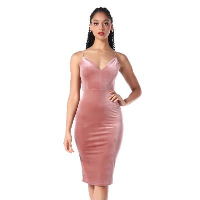 China 2020 Anti-Static Ladies Dress Spaghetti Strap Elegant Simple Velvet Pleated Bodycon Backless Party Dress for sale