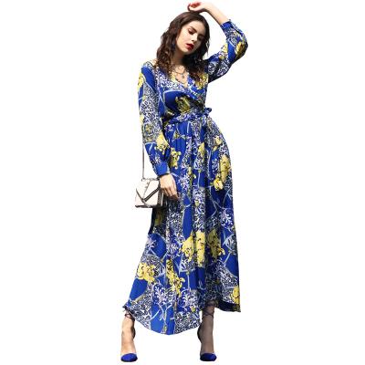 China Anti-Static Printing V-Neck Lantern Sheath Long Elegant Women Long Dress for sale