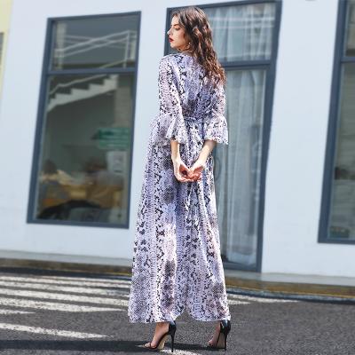 China The summer anti-static V-neck animal print dress with belt three-quarter trumpet sheath snake pattern long dress for sale