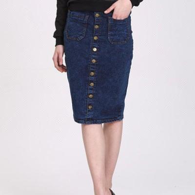 China Custom Wholesale Plus Size Women's Cheap Button Knee Length Denim Skirts Long for sale