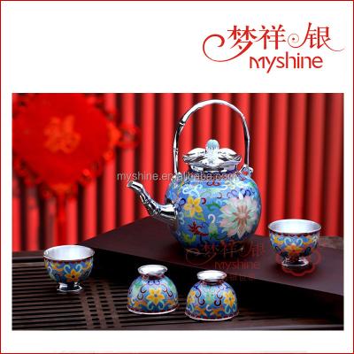 China Viable Chinese Vintage Design Enamel Pot And Silver Cups Tea Set Set for sale