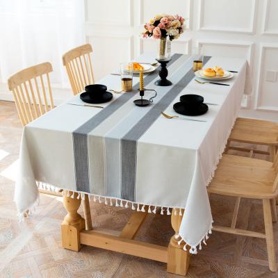 China Decoration waterproof single fringe stripe thick rectangular linen tablecloth is suitable for wedding table decoration for sale