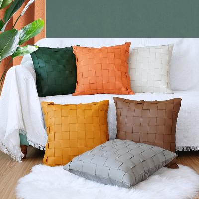 China Luxury Leather Handwoven Decoration Folded Sofa Pillow Cover Geometric Ins PU Cushion Cover Villa for sale