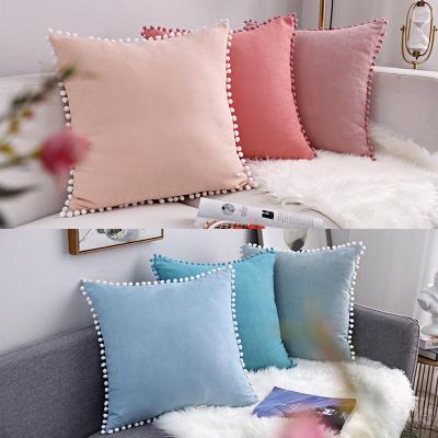 China Folded Pompom Hair Ball Lace Cushion Cover Pompoms Balance Pillow Case Set Sofa Pom Pom Cushion Cover Decorative Pillow Case for sale