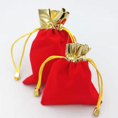 China Fashion Custom Red Pilou Gold Edge Braid Fortune Velvet Pouch Jewelry Pouch Pendant Drawstring Bag for sale