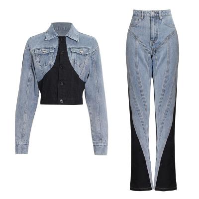 China Breathable Custom Crop Patchwork Ladies Denim Top Suit Set Long Sleeve Blue Distressed Women Slim Fit 2 Piece Denim Sets for sale