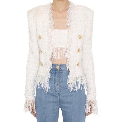 China High Quality Breathable White Color Tassel Tweed Ladies Slim Fit Fashionable Blazer Cropped Blazer Jacket For Women for sale