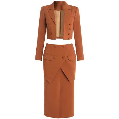 China Custom Breathable Elegant Orange Color Sexy Office Slim Body Fitted Ladies Blazer Suits Set For Women for sale