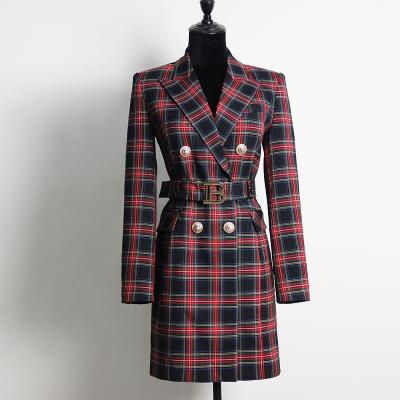 China Custom Made Breathable Blazer Jacket Plaid Belted Girls Dresses Elegant Cross Button Ladies Women Blazer Dress for sale