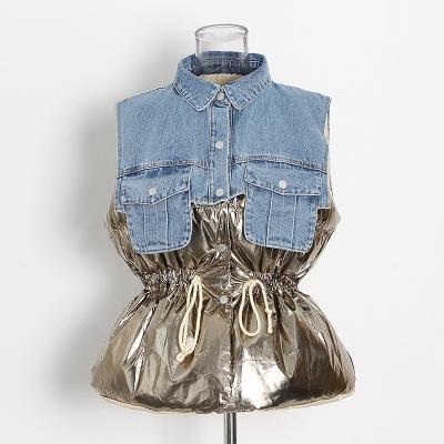 China Custom Breathable Shiny Thick Sleeveless Bubble Vest Fabric Patchwork Denim Ladies Winter Striper Jacket Thin Fit Women Winter Striper Jacket for sale