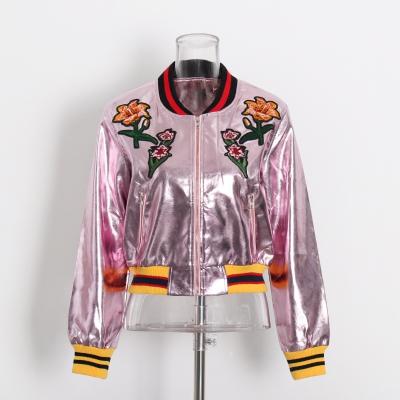 China Breathable Custom Logo Shiny Color Pink Ladies Baseball Jacket Coat Fashion Leather OEM Embroidered Logo Women's Bomber Jacket for sale