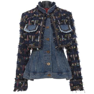 China Breathable high quality custom made jeans top shirt two pieces of colorful cropped top tweed jacket women for sale