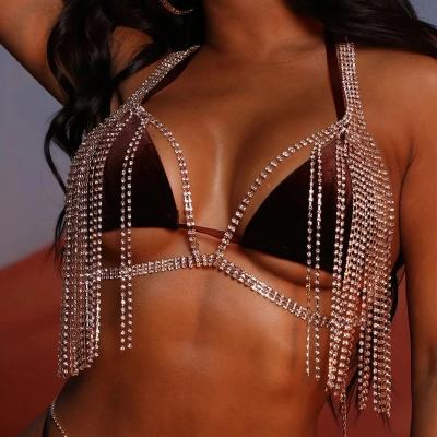 China Cute Sexy Exaggerated Geometric Rhinestone Sunflower Chest Bracket Bra Body Jewelry For Women Crystal Sexy Tassel Body Chain Bra Necklace for sale