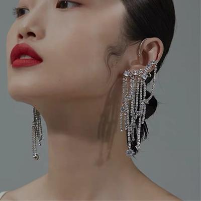 China Fashionable Personality Rhinestone Long Tassel Drop Earrings Crystal Jewelry Set Ins Luxury Ear Hooks For Women Jewelry Statement Crystal Tassel Dangle Earrings for sale