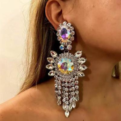 China Fashion Jewelry Large Crystal Round Stone Tassel Pendant Earrings Dangle Earrings Dinner Jewelry For Women Bling Geometric Rhinestone Drop Earrings for sale