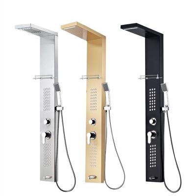 China Without Slide Bar Shower Panel Bathroom Stainless Steel Wall Mounted Black Waterfall Shower Column Set Tower Massage Body Jets Led Shower Panel for sale