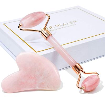 China Amazon wholesale 2021 body health massage top rose quartz jade roller massager facial jade roller with logo/jade roller gua sha set for sale