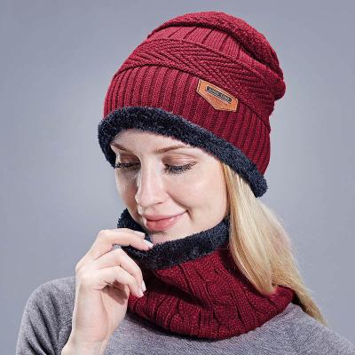 China Winter Folkmen Women Fleece Striped Beanie Hat And Scarf Set Knitted Hat Neck Warmer Cuff Set Ski Running Cycling for sale