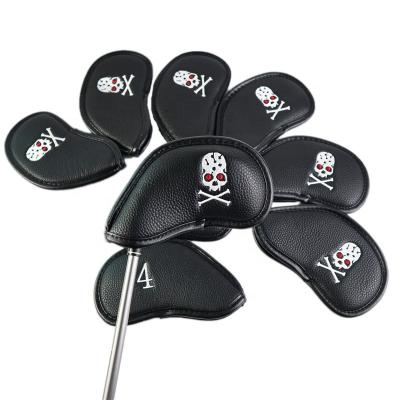 China Protect Custom Wholesale Skeleton Golf Clubs PU Embroidery Headcover Leather Covers Knit Black White Skull Golf Iron Cover 9PCS/Set for sale