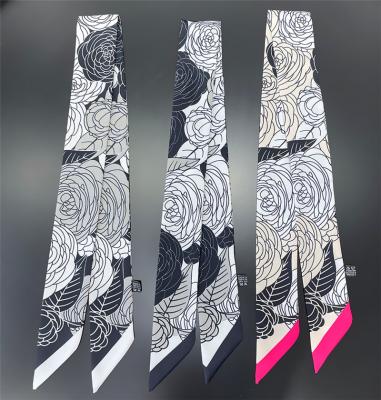 China C207 2022 fashion long camellia flower brand imitated silk scarf ladies print neck luxury hair decorate headband scarf for sale