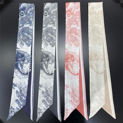 China High Quality Silk Snake Lion Tiger Scarf 100cm*6cm Long Polyester T408 Small Size Silk Double Side For Women Lady for sale