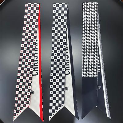 China Quality T405 Polyester Scarf Black Houndstooth Silk Black Love Plaid Double Side Silk Small Size White Silk Scarf 100cm*6cm Long For Women Lady for sale